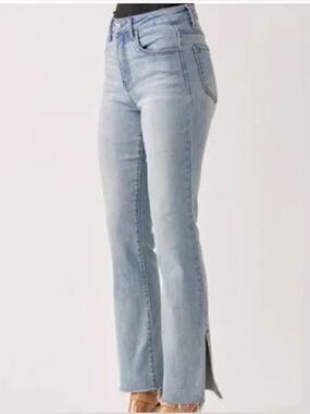 Risen Light Wash High-Rise Straight Jeans with Side Slit - Women 26 or 3 denim